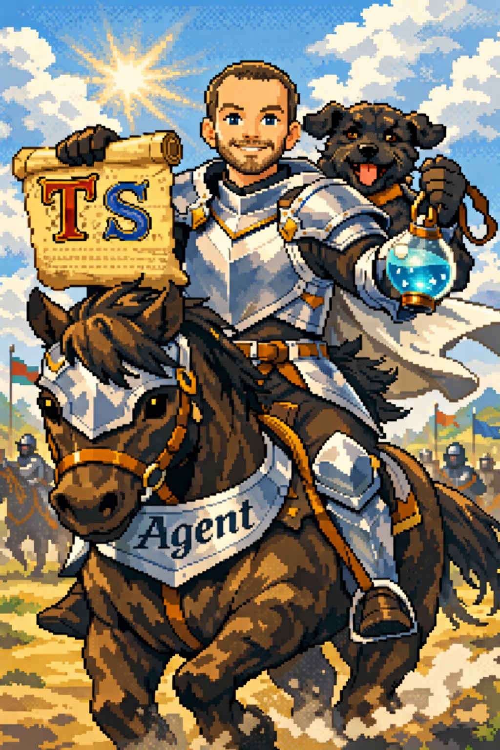 Pixel art portrait: a knight on a horse named Agent, holding a TypeScript scroll and an Elixir potion, with a loyal dog riding along