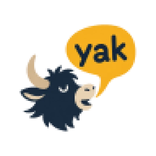 Icon of the Yak vocabulary trainer app: a shaggy yak with a speech bubble reading "yak"